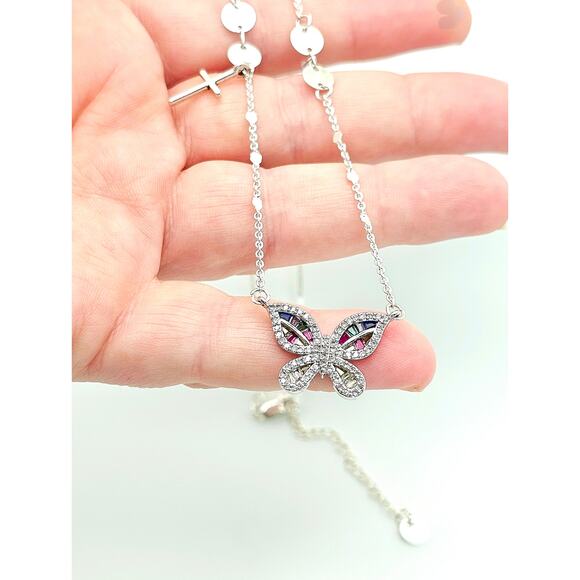 Dainty Butterfly Pendant Multi-color Rainbow CZ Adjustable Silver Chain Sparkly - Picture 6 of 9